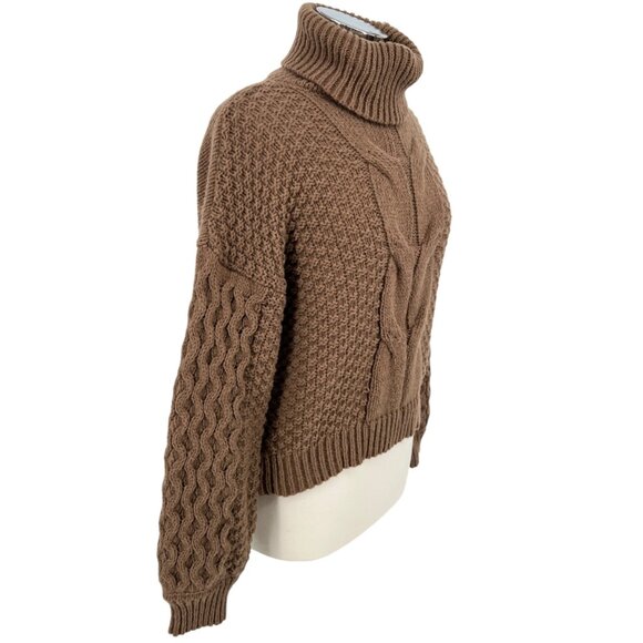 Woven Heart Chunky Cable Knit Turtleneck Sweater Brown Size Small - Picture 2 of 12